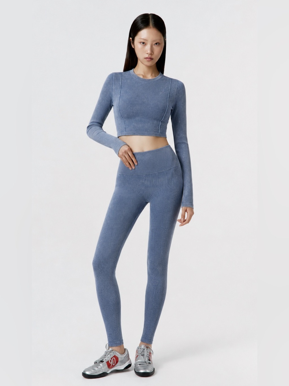 Verish Alltension Blue Ribbed 2 Piece Set Leggings & Long Sleeve Crop Top Sz S/M